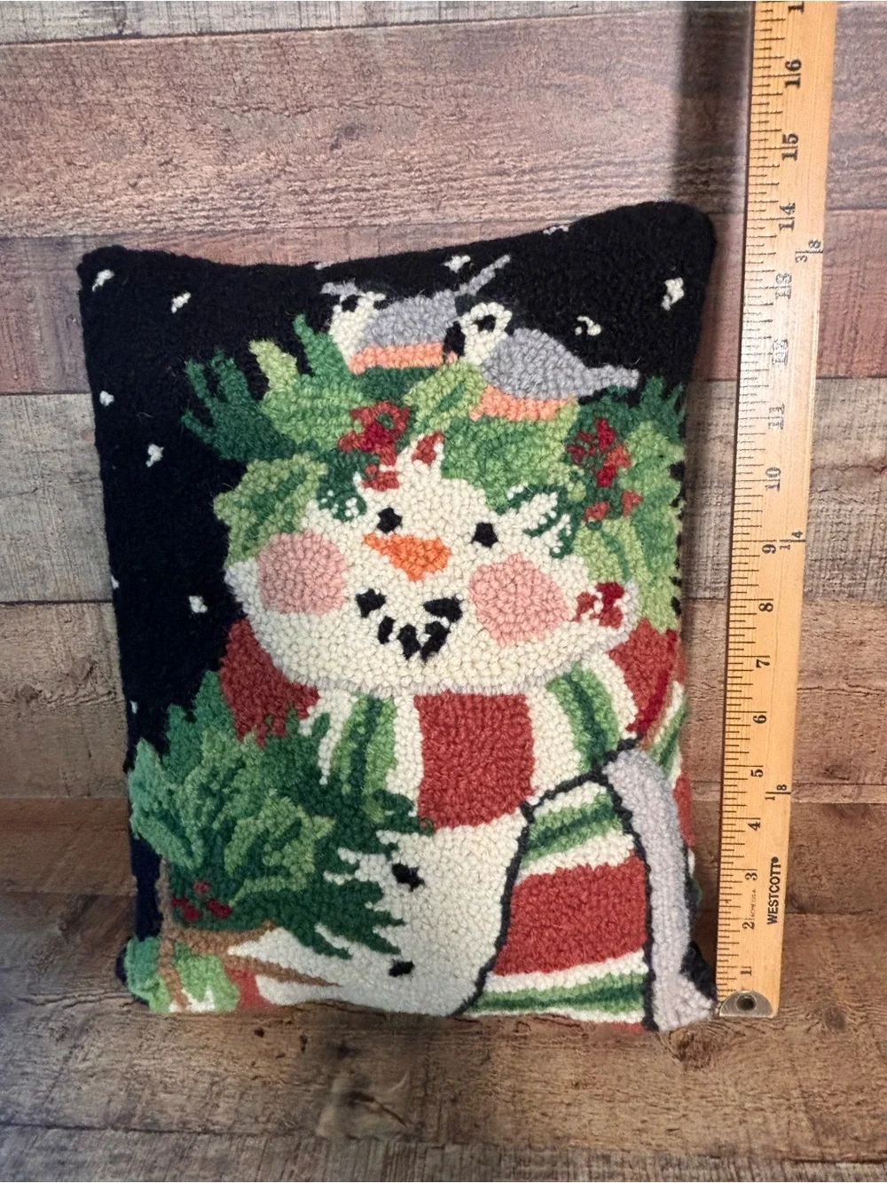 Snowman Wool Hooked Throw Pillow Christmas 15x12 Birds